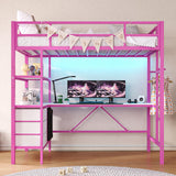 DICTAC Loft Bed Twin Size with L-Shaped Desk, LED Lights and Charging Station Twin Metal Loft Bed Frame with 3 Storage Shelves and 3 Fabric Drawers, Safety Guard & Ladder, No Box Spring Needed, Pink DICTAC