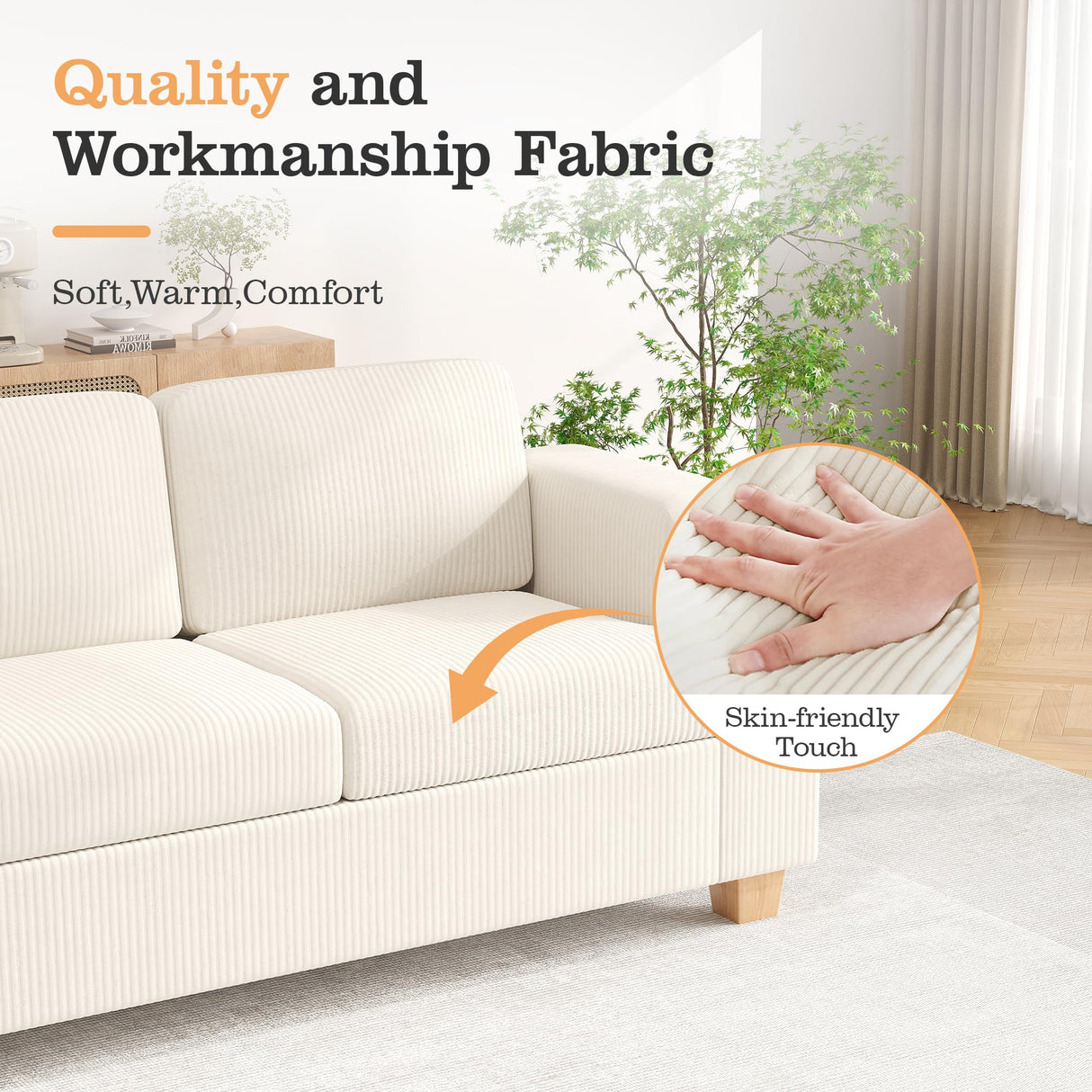 Apicizon 89'' 3-Seat Sofa Couch with Loveseat, 2 Piece Comfy Sofa Sets for Living Room, Modern Lounge Sofa Sleeper Couch for Apartment with Deep Seat, Living Room Set White Corduroy Apicizon