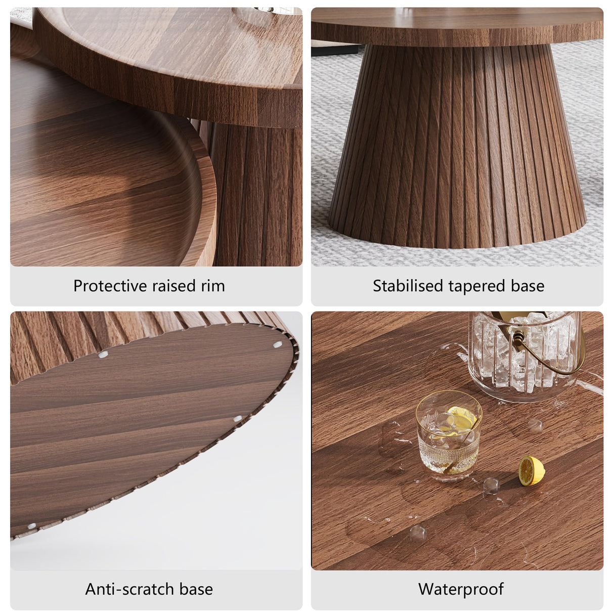 win2win Nesting Coffee Table Set of 2, Mid Century Modern Coffee Table with Wood Grain Veneer, Fluted Round Tea Table and End Table Set, Minimalist Center Tables for Living Room, Office, Walnut win2win