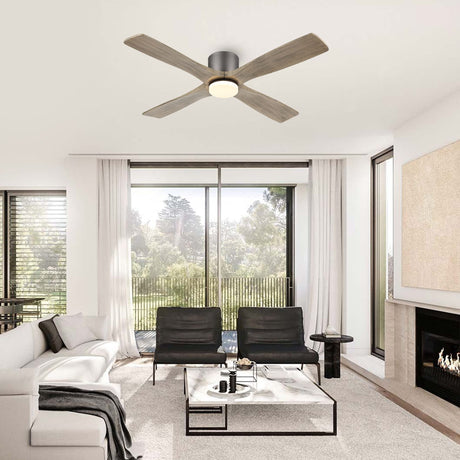 WINGBO 48 Inch Flush Mount DC Ceiling Fan with Lights and Remote, 4 Reversible Carved Wood Blades, 6-Speed Noiseless DC Motor, Hugger Ceiling Fan in Graphite Finish with Gray Blades, ETL Listed WINGBO