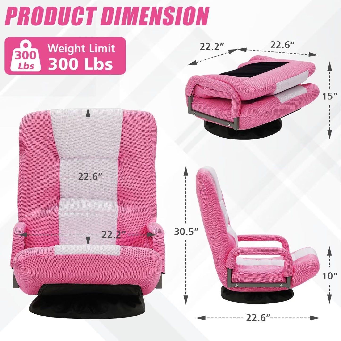 ACIPENSER Swivel Gaming Chair Multipurpose Floor Gaming Chair for Playing Video Games, TV, Reading w/Armrest Lumbar Support & 6 Adjustable Postion Backrest for Adults & Kids,Pink