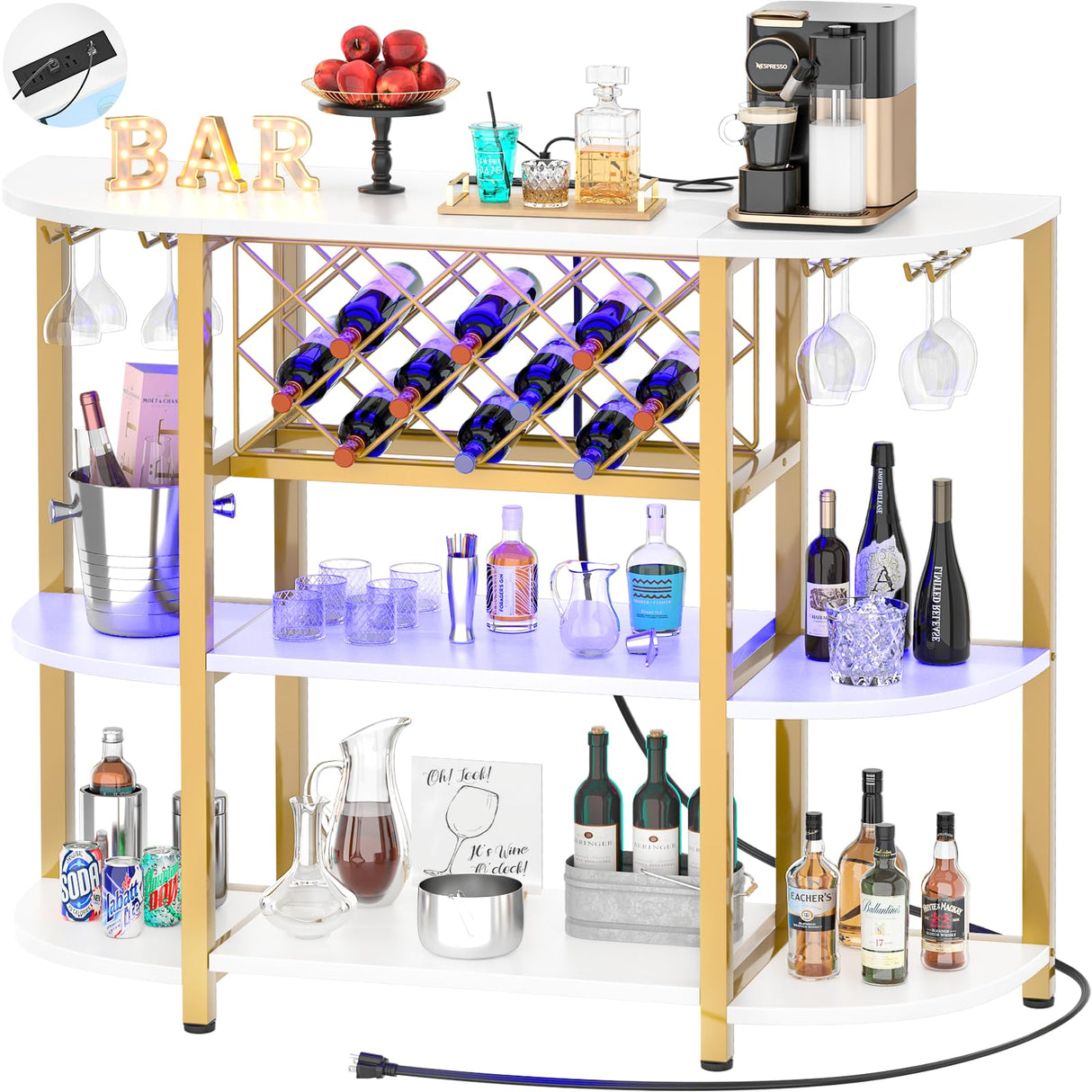 Unikito 4-Tier Metal Coffee Bar Cabinet with Outlet and LED Light, Freestanding Floor Bar Table for Liquor with Glass Holder and Wine Storage, Wine Bakers Rack for Kitchen Dining Room, White and Gold Unikito