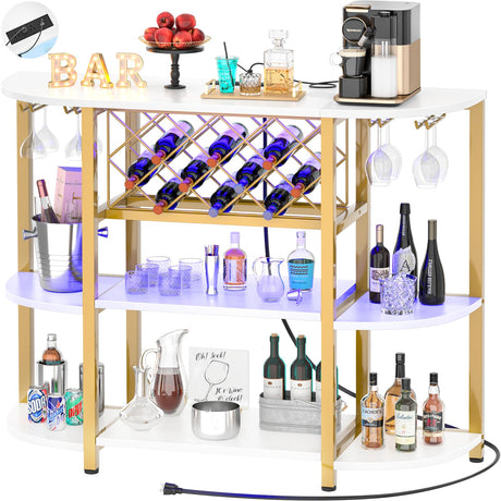 Unikito 4-Tier Metal Coffee Bar Cabinet with Outlet and LED Light, Freestanding Floor Bar Table for Liquor with Glass Holder and Wine Storage, Wine Bakers Rack for Kitchen Dining Room, White and Gold Unikito