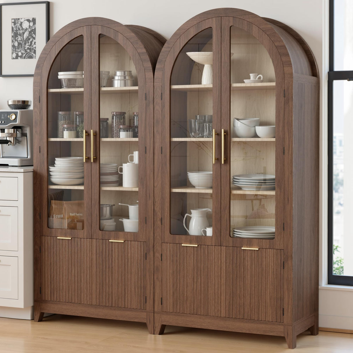 win2win Tall Arched Cabinet with Glass Doors, 68.9" Pantry Storage Cabinets with Fluted Doors & Adjustable Shelves, Mid Century Modern Wood Display Bookcase for Kitchen, Living Room, Bathroom, Walnut win2win