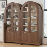 win2win Tall Arched Cabinet with Glass Doors, 68.9" Pantry Storage Cabinets with Fluted Doors & Adjustable Shelves, Mid Century Modern Wood Display Bookcase for Kitchen, Living Room, Bathroom, Walnut win2win
