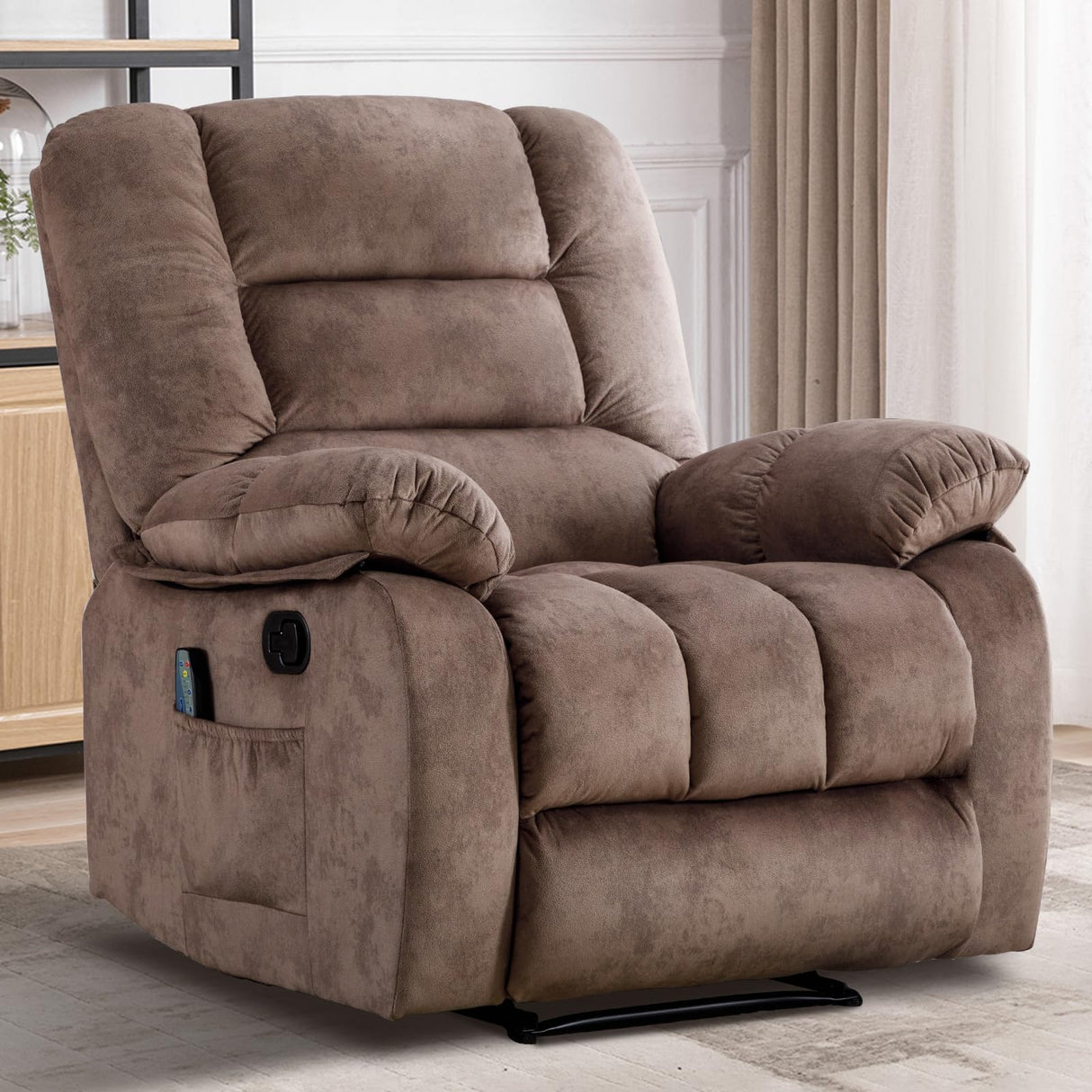 IOMOR Massage Recliner Chair with Heat and Massage, Soft Fabric Ergonomic Manual Reclining Chairs, Heavy Duty Reclining Sofa Chair with Side Pockets for Living Room (Tan) IOMOR