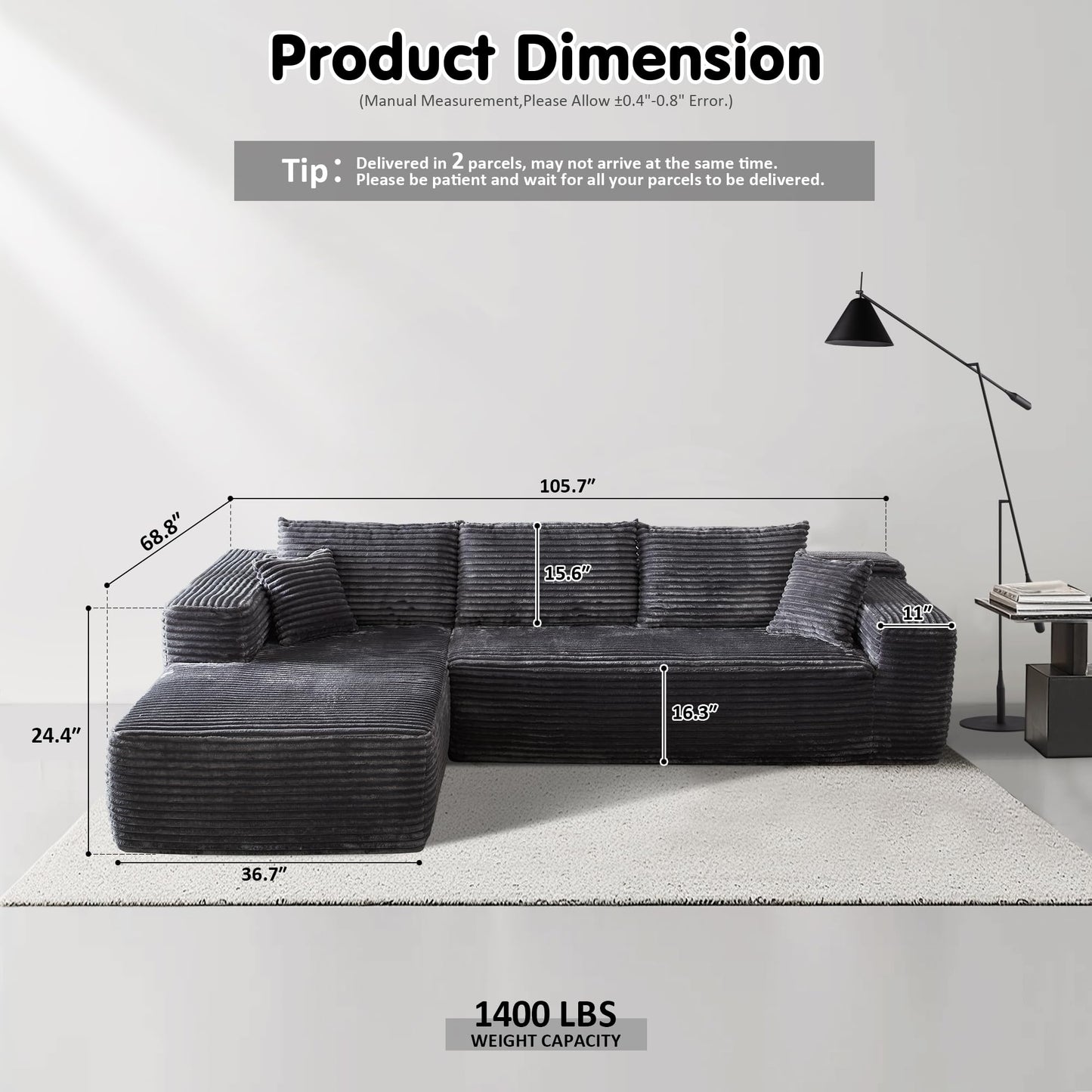 ovios 104" Cloud Sectional Couch with L-Shape Chaise,Modern Modular Sofa with Deep Seat, Upholstered Couches for Living Room Bedroom,No Assembly Required, Grey (Plush Corduroy Fabric)