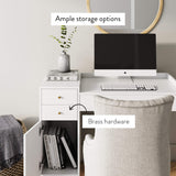 Nathan James Daisy Vanity Dressing Table or Makeup Desk with 4-Drawers and Brass Accent Knobs, White Wood Nathan James