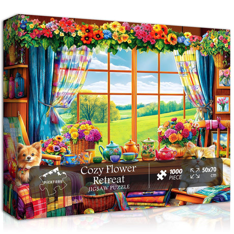 Flower Garden Puzzle for Adults 1000 Pieces, PICKFORU Nature Puzzle Features Flowers Teacups, Quilt, Dog Cat Puzzle, Spring Plant Floral Puzzle Challenging PICKFORU
