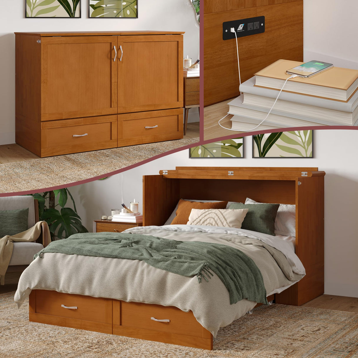 AFI Hamilton Full Murphy Bed Chest with Mattress, Storage, and Built-in Charger in Light Toffee AFI