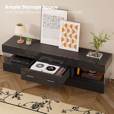 Bestier Black TV Stand for 55/60/65 Inch TV, High Gloss Modern TV Stand with Stone-Patterned Side Panels, LED Entertainment Center with Large Drawer, TV Consoles for Living Room, Bedroom Bestier