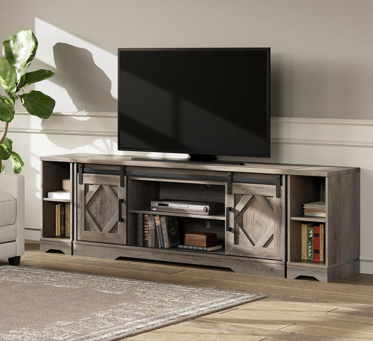 WAMPAT Modern Farmhouse TV Stand for up to 85" TVs Wood Entertainment Center with Open Storage for Living Room,Rustic Grey