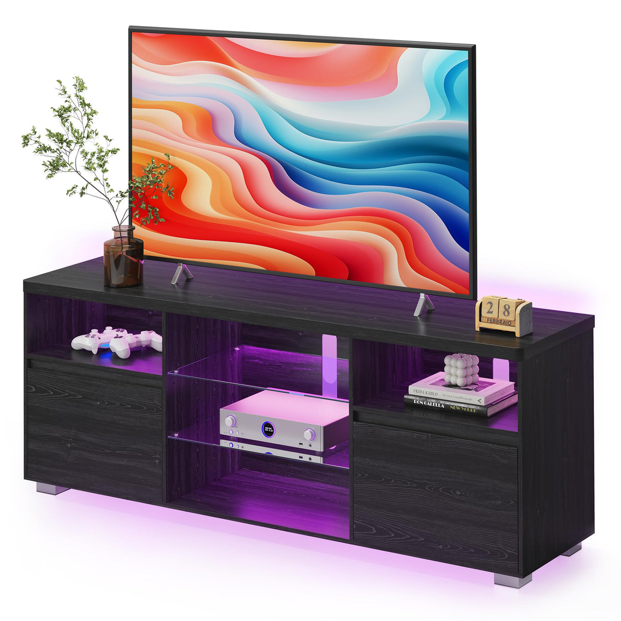 VASAGLE TV Stand with LED Lights for TVs up to 70 Inch, Entertainment Center with Open Glass Shelves, 2 Cabinets with Doors, 63-Inch Long, TV Console for Bedroom Living Room, Black ULTV330T21 VASAGLE