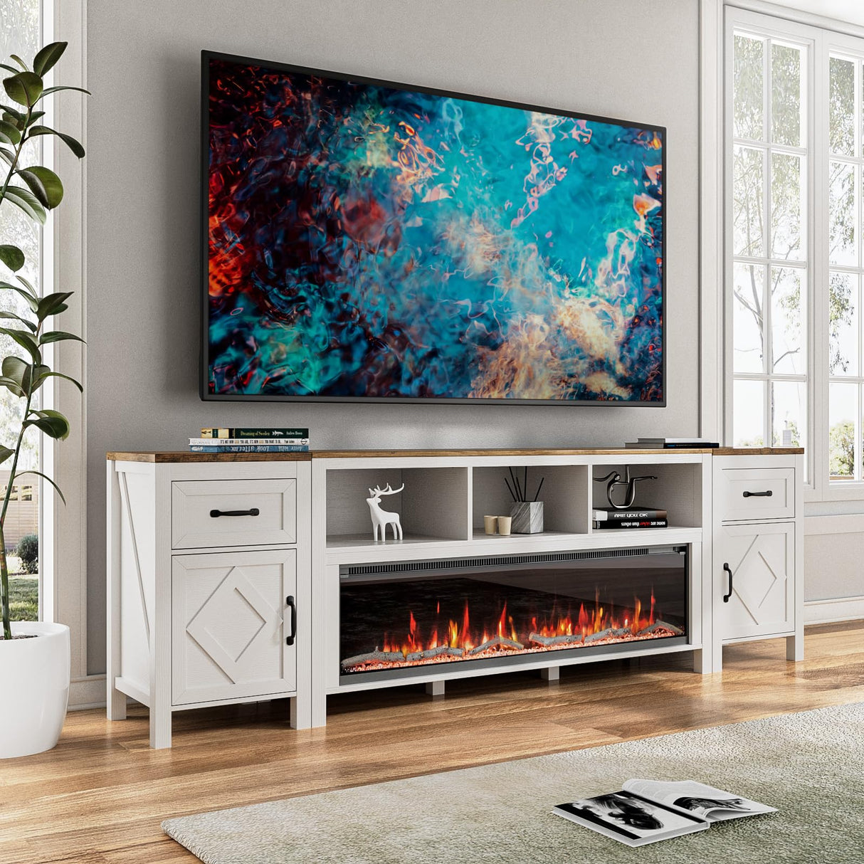 BVIUNTWO 88 Inch Fireplace TV Stand for TVs Up to 95 Inch,Farmhouse Entertainment Center with 50" Electric Fireplace,White TV Console with Storage Cabinets and Drawers for Living Room BVIUNTWO