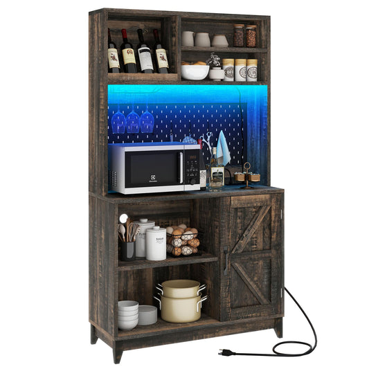 DWVO Farmhouse Pantry Cabinet - 71" Kitchen Pantry with Lights & Charging Station Hutch Cabinet with Storage, Kitchen Storage Cabinets with Doors and Shelves Cupboard for Dining Room, Oak Brown