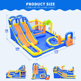 WELLFUNTIME Inflatable Water 3 Slides Park with Blower, Inflatable Bounce House with Climbing Wall, Water Cannon, Dartboard, Flower Sprayer and Deep Pool WELLFUNTIME
