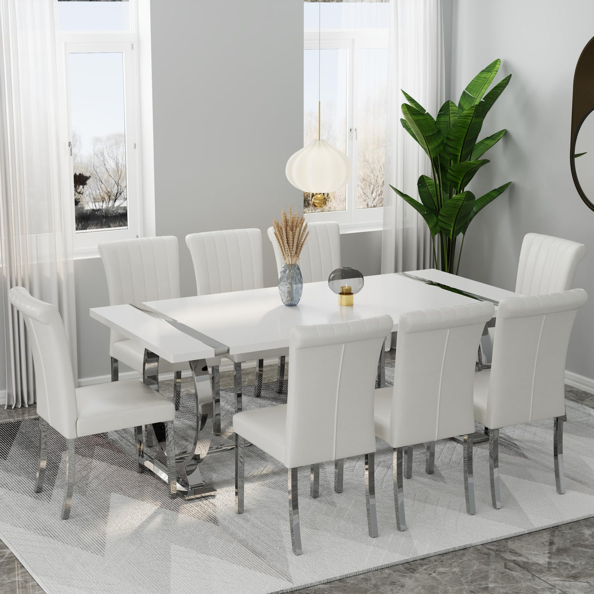 Asday 9 Piece Dining Table Set, Luxury White and Silver Dining Room Table Set with 80 inch Rectangular Dining Table and 8 White Leather Dining Chairs Asday