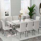 Asday 9 Piece Dining Table Set, Luxury White and Silver Dining Room Table Set with 80 inch Rectangular Dining Table and 8 White Leather Dining Chairs Asday