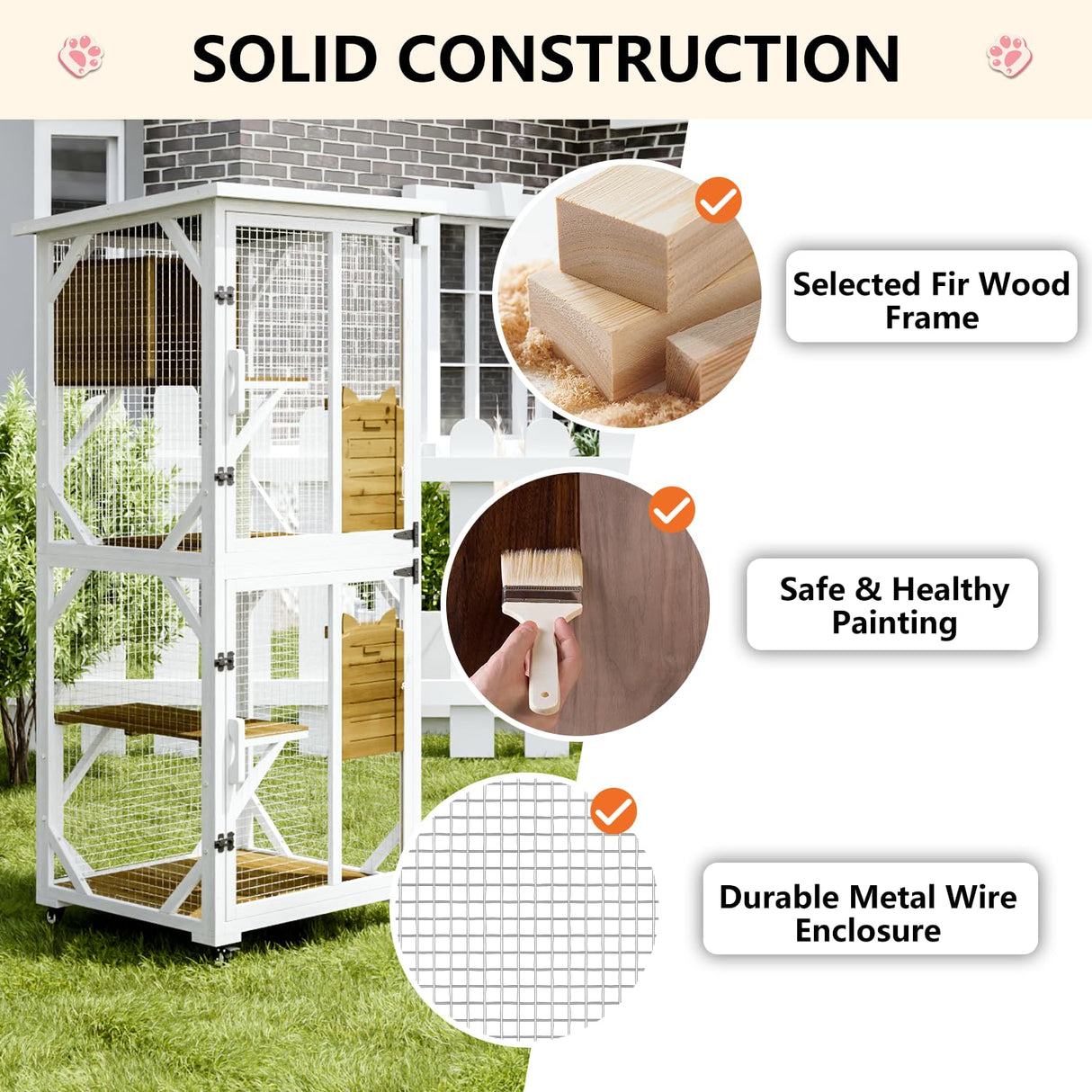 LEMBERI Cat House Outdoor Catio Cat Enclosures on Wheels, 71" Large Outside Patio Wooden Cat Cage Resting Box,Scratching Post, Waterproof Roof (White, 71") LEMBERI