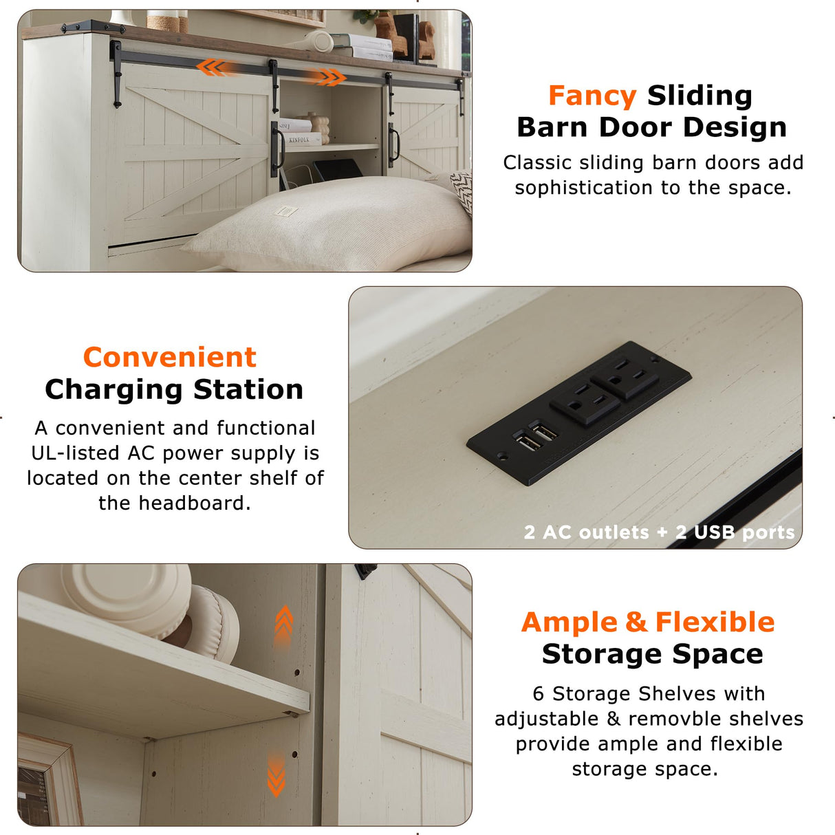 Farmhouse King Size Bed Frame with Stylish Storage Headboard and Charging Station in Antique White T4TREAM