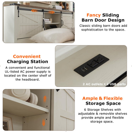 Farmhouse King Size Bed Frame with Stylish Storage Headboard and Charging Station in Antique White T4TREAM