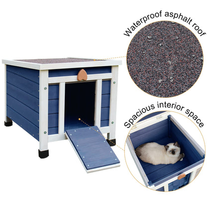 Deblue Cat House for Outdoor Cats, Weatherproof Feral Cat House, Wooden Outside Shelter for Cat, Rabbit and Small Pet Hutch-Navy Blue - WoodArtSupply