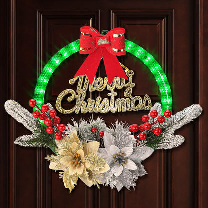 BLOOMWIN Christmas Wreath with LED Lights, 11'' Light Up Christmas Wreath Decorations Indoor, Flowers Picks, Green Prelit Small Reef Garland for Front Door, Windows, Battery Operated/Charging Port