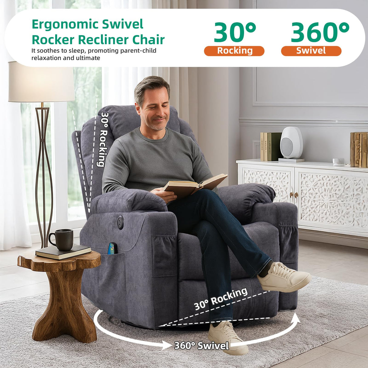 VIVIJASON Manual Massage Rocker Recliner Chair, 360° Swivel Glider Lounge Chair with Heat Ergonomic Home Theater Recliner Sofa with 2 Cup Holders, Side Pockets & USB Ports for Living Room, Grey VIVIJASON