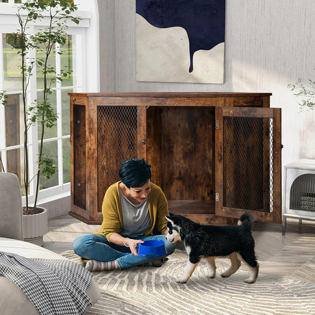 VITESSE Corner Dog Crate Furniture, 44/52inch Durable Wooden Dog Kennel End Table, Indoor Decorative Puppy Kennel with Metal Mesh, Heavy-Duty Pet House for Large Dogs with Portable Switch, TV Stand VITESSE