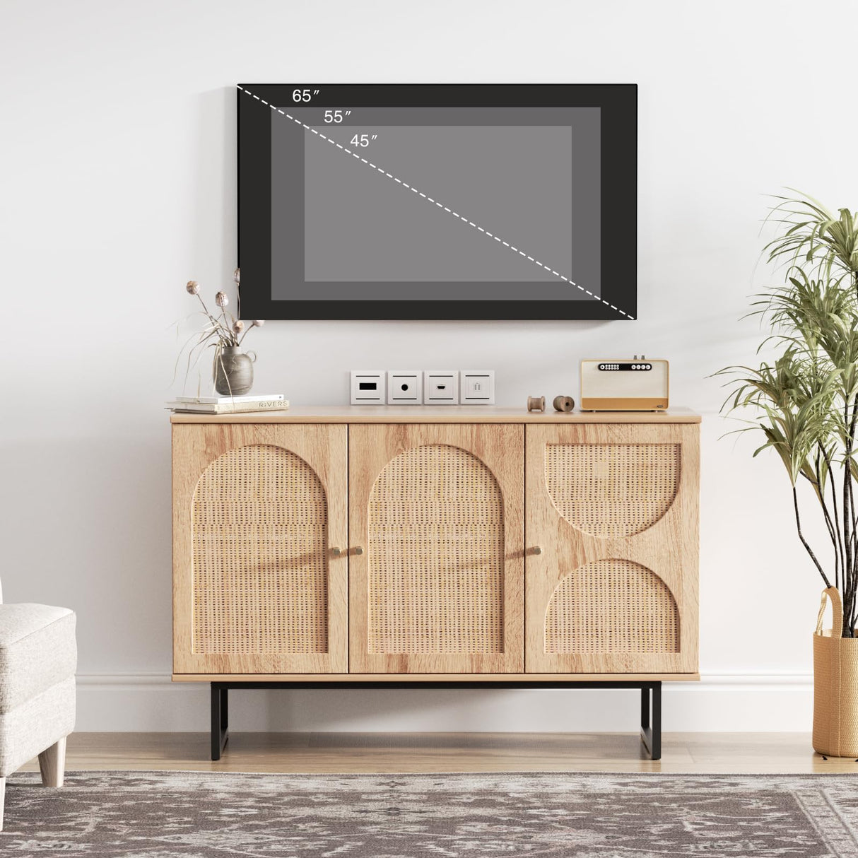 Rattan Sideboard Buffet Cabinet with Storage, Boho Farmhouse Wood Storage Cabinet with 3 Arched doors, Rattan Entryway Table Console Credenza TV Stand for Living Room, Dining Room, Kitchen, Hallway FiveWillowise