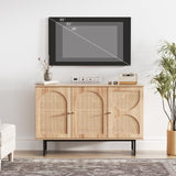 Rattan Sideboard Buffet Cabinet with Storage, Boho Farmhouse Wood Storage Cabinet with 3 Arched doors, Rattan Entryway Table Console Credenza TV Stand for Living Room, Dining Room, Kitchen, Hallway FiveWillowise