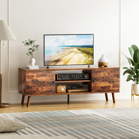 Simple Deluxe TV Stand for 55 60 inch TV, Entertainment Center with Storage Cabinet, Media Console Table 2 Cabinet, Soft Hinge, Handle Door, Wooden Living Room, Office Furniture, Brown Simple Deluxe