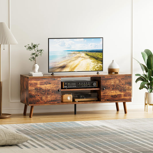 Simple Deluxe TV Stand for 55 60 inch TV, Entertainment Center with Storage Cabinet, Media Console Table 2 Cabinet, Soft Hinge, Handle Door, Wooden Living Room, Office Furniture, Brown