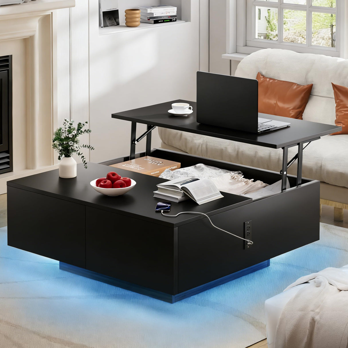 KSOBEBVT Square Wooden Coffee Table with Storage Drawers, Lift Top Center Table with LED Base Lighting and Built-in Charging Station for Living Room (Black) KSOBEBVT