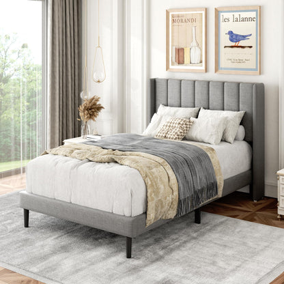 Gruwans Twin Bed Frames with Wingback Headboard, Upholstered Platform Beds, No Box Spring Needed Sturdy Wooden Slat Support, Easy Assemble, Light Gray