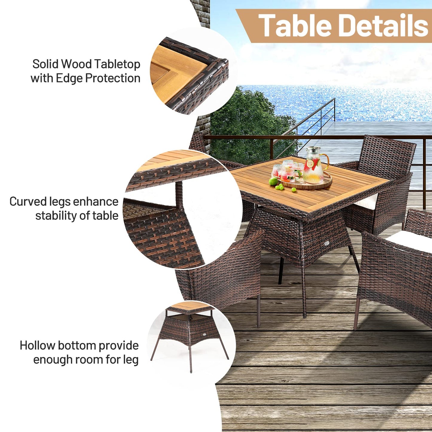 Tangkula 5 Pieces Wicker Patio Dining Set, Outdoor Acacia Wood Dining Furniture with 4 Armrest Chairs & 1 Dining Table, Rattan Conversation Set with Cushions & Umbrella Hole for Backyard Garden Porch