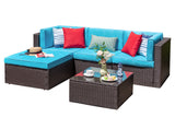 Vongrasig 5 Piece Furniture Sets, All-Weather Brown PE Wicker Outdoor Couch Sectional Small Patio Conversation Garden Sofa Set w/Ottoman, Glass Table, Blue Vongrasig
