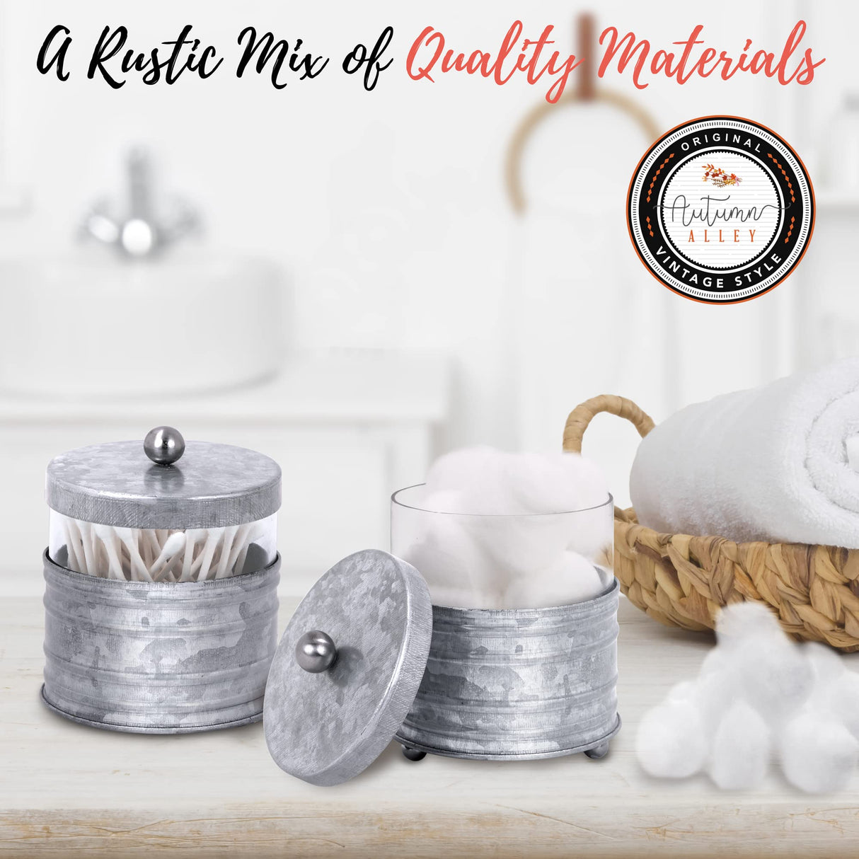 Autumn Alley Rustic Farmhouse Glass and Galvanized Bathroom Accessories Set (4 PCS) - Lotion Soap Dispenser, Toothbrush Holder, 2 Apothecary Jars (Qtip Holder) - Rustic Farmhouse Bathroom Decor Autumn Alley