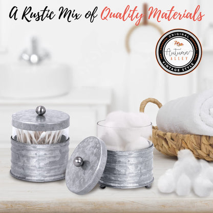 Autumn Alley Rustic Farmhouse Glass and Galvanized Bathroom Accessories Set (4 PCS) - Lotion Soap Dispenser, Toothbrush Holder, 2 Apothecary Jars (Qtip Holder) - Rustic Farmhouse Bathroom Decor