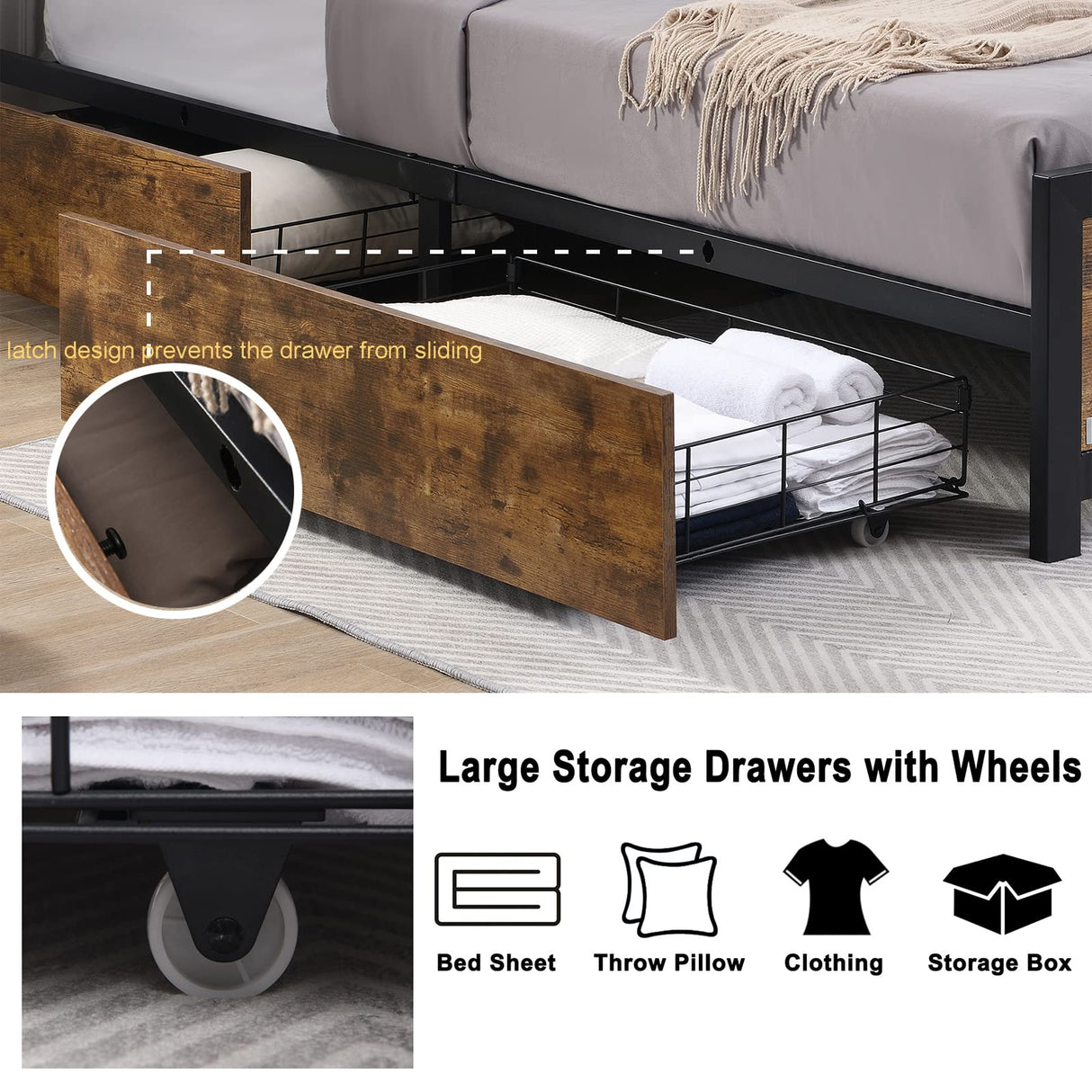Ailisite Queen Size Bed Frame with 4 Drawers, LED Lights & USB Charging Ports - Rustic Wood Platform Design Ailisite