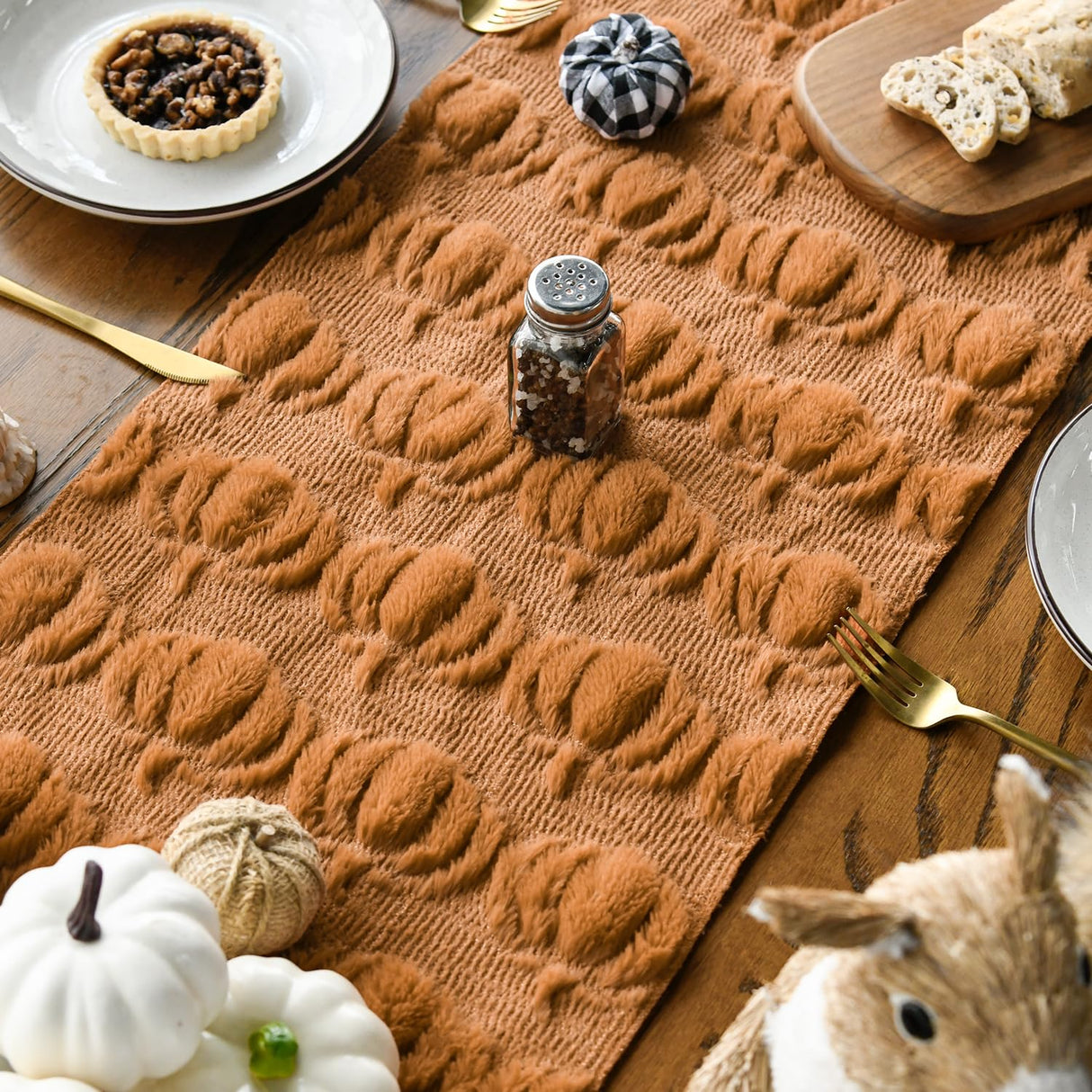 Artoid Mode Caramel Soft Plush Faux Fur Jacquard Pumpkins Fall Table Runner, Seasonal Autumn Kitchen Dining Table Decoration for Home Party Decor 13x72 Inch Artoid Mode