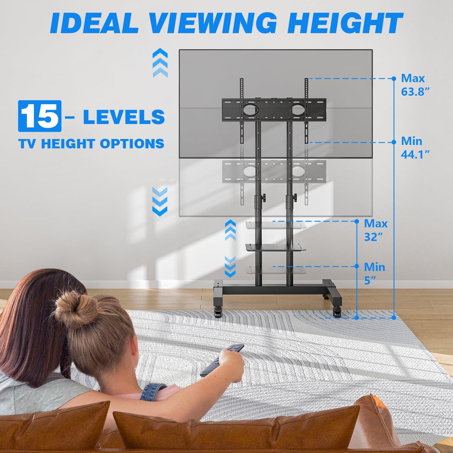 Mobile TV Cart for 32-83 Inch Screens up to 110 lbs, Height Adjustable Rolling TV Stand with Locking Wheels and Metal Shelf, Portable Outdoor Floor TV Stand Movable Monitor Holder for Home Office