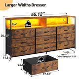 EnHomee 55” W Dresser, Rustic Brown Dresser for Bedroom with Power Outlet & LED Lights for 65" TV Stand for Bedroom Dresser with 9 Fabric Drawers, Long Sturdy Dressers for Bedroom, Closet, Entryway EnHomee
