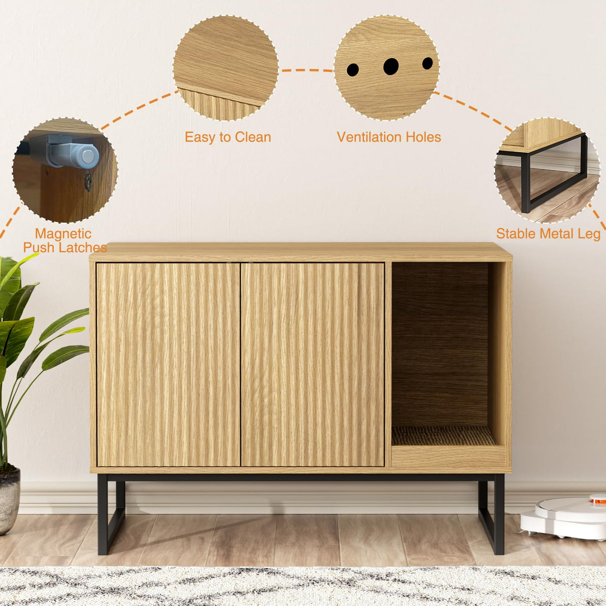 Cat Litter Box Enclosure, Fluted Hidden Litter Box Furniture with Scratch Pad and Metal Legs, Modern Enclosed Cat Cabinet, 31.5 x 17.7 x 21.7 Inches Indoor Pet House for Living Room, Washroom, Natural FiveWillowise