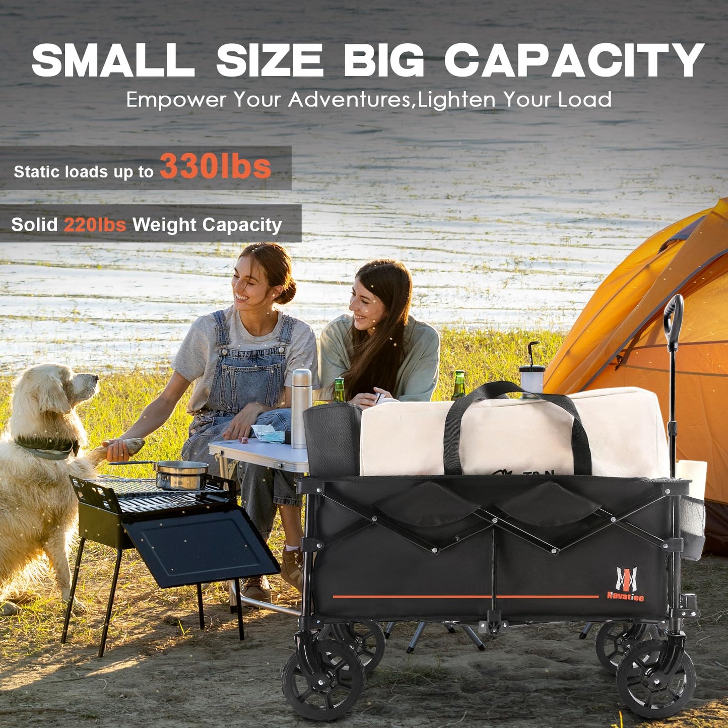 Navatiee Collapsible Folding Wagon, Wagon Cart Heavy Duty Foldable with Two Drink Holders, Utility Grocery Wagon for Camping Shopping Sports, S2, Black