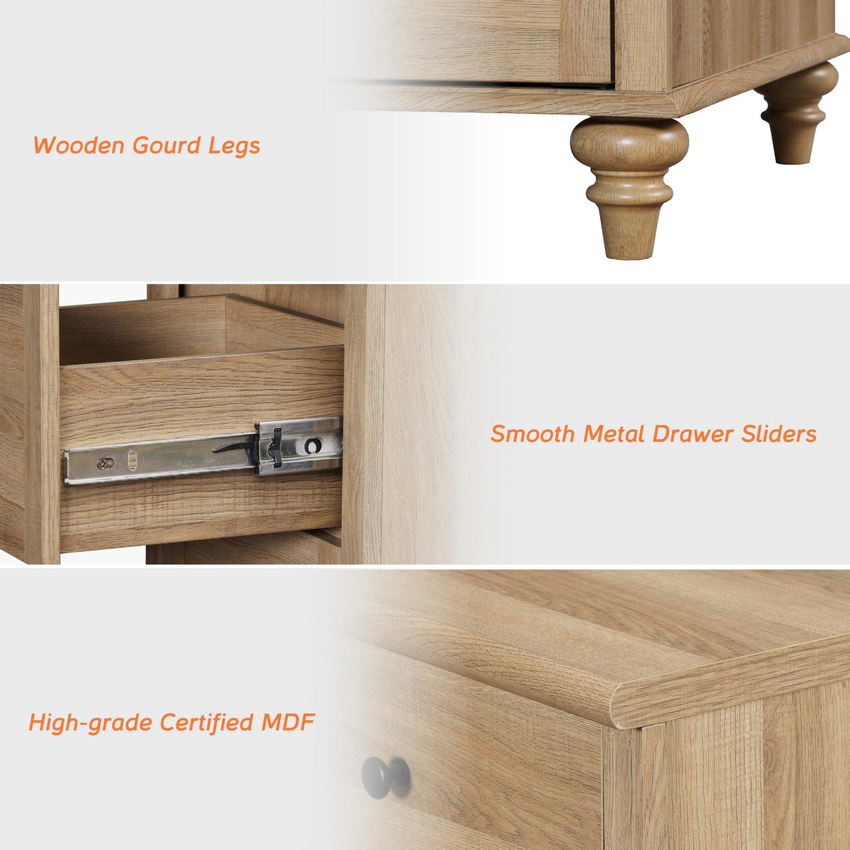 WAMPAT 3 Piece Bedroom Set - Includes 7 Drawer Dresser for Bedroom, Set of 2 Night Stands with Charging Station & Drawers, 3 Piece Dresser and Nightstand Sets, Oak WAMPAT