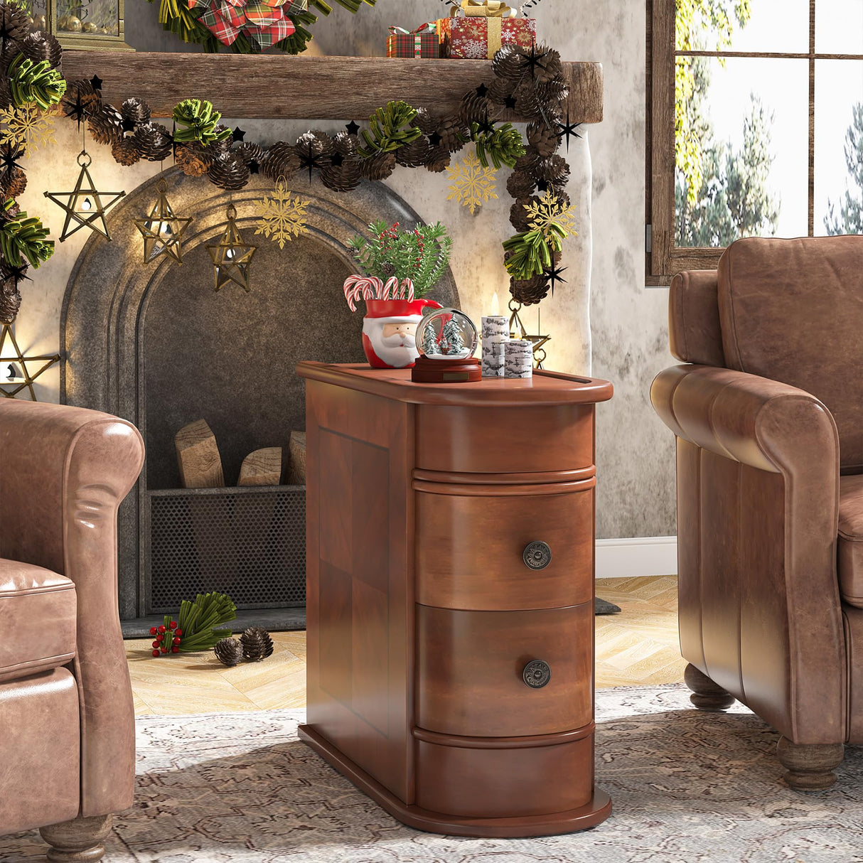 Tribesigns Wood End Table Set of 2, Narrow Solid Side Table 2-Drawer Slim Chair Side Table, No Assembly Required, Finished Back, Walnut Tribesigns