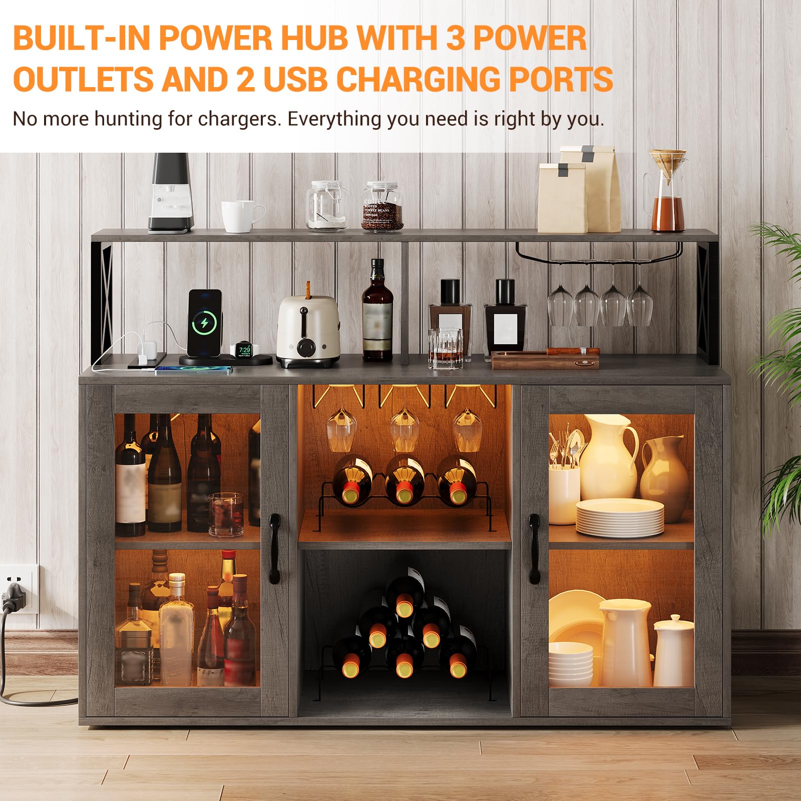 GarveeHome Bar Cabinet for Home, Liquor Cabinet with Power Outlets, Led Lights and and Glass Holder, Wine Cabinet with Storage, Wine Cabinet with Racks for Home, Kitchen Retro Gray - WoodArtSupply