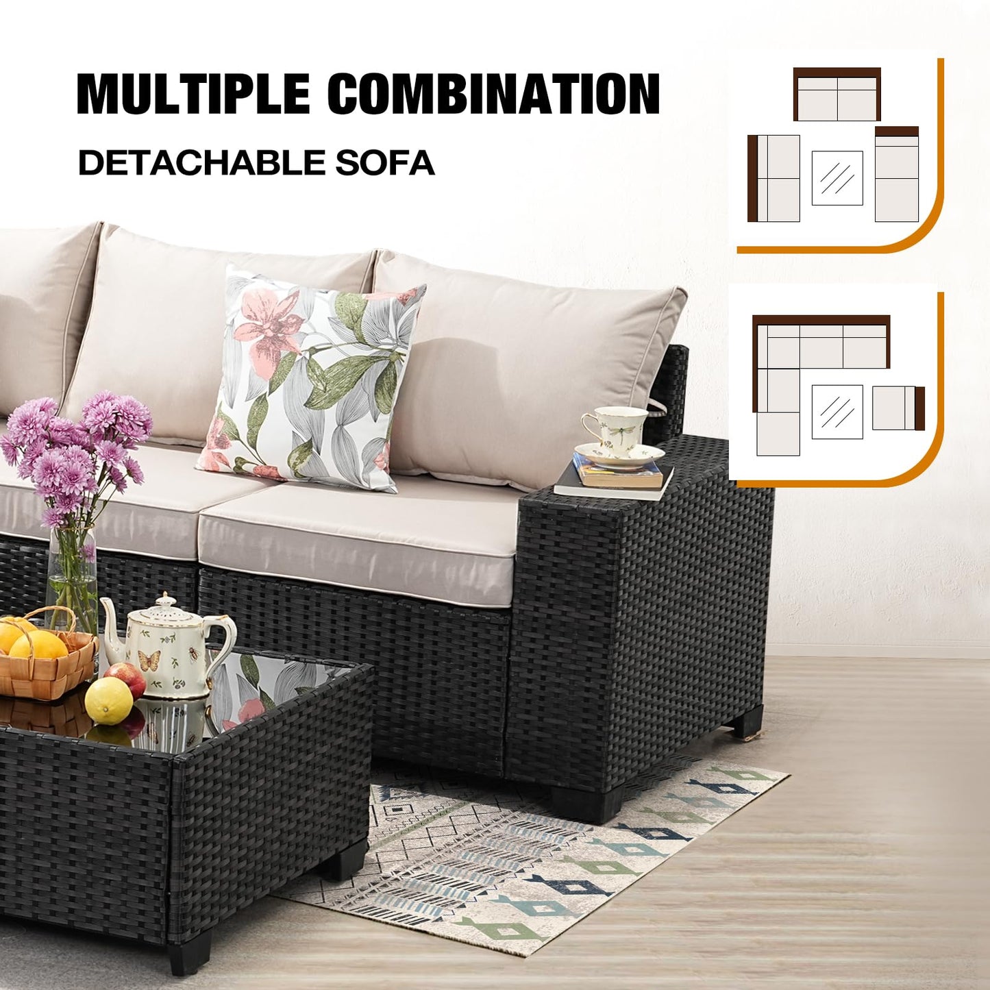 JOYURE 7 Pieces Patio Furniture Set All-Weather Outdoor Wicker Sectional Conversation Sofa Rattan Patio Seating Sofa with Cushion and Glass Table and Ottoman for Porch Poolside,Beige - WoodArtSupply