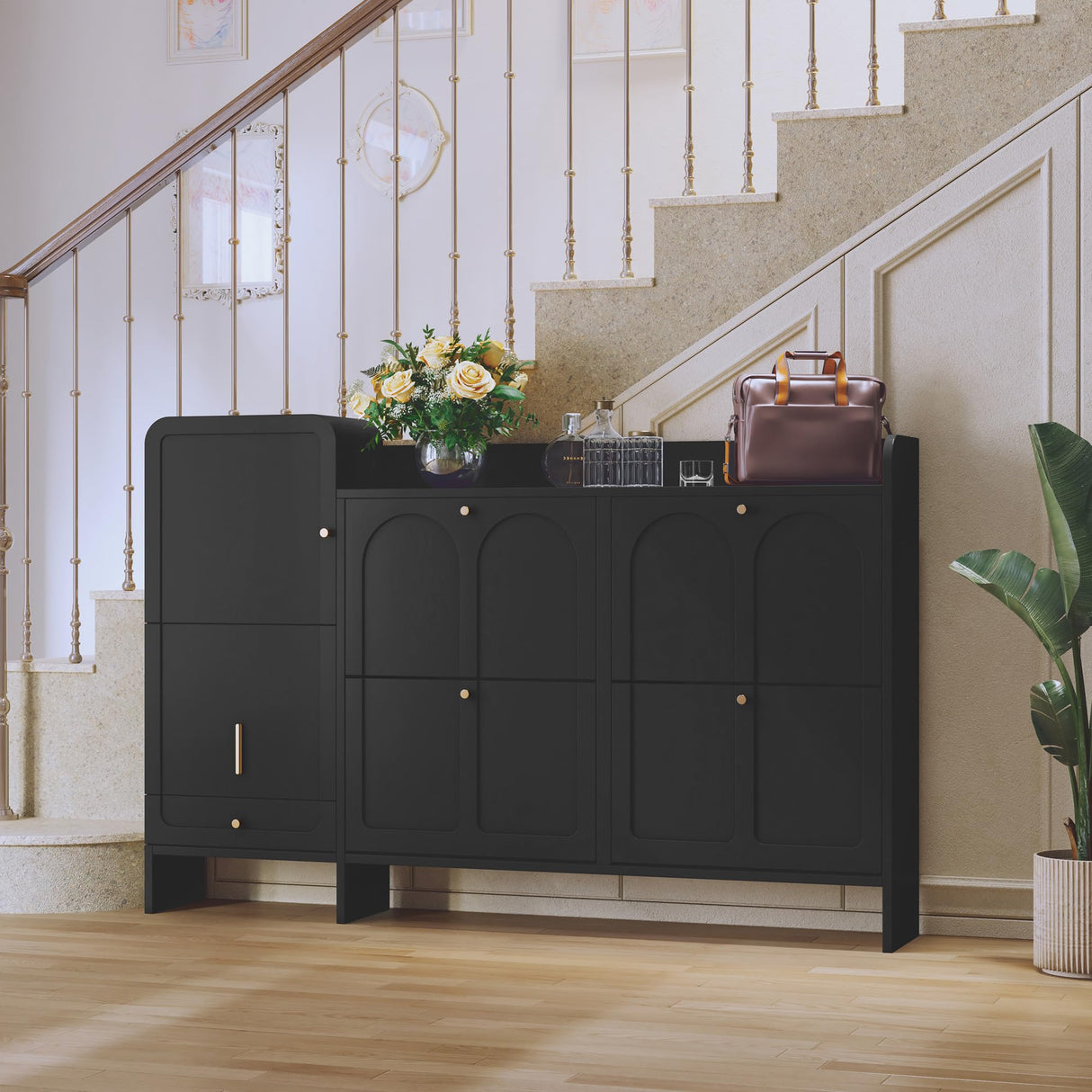 MOIANJI Modern Shoe Cabinet with 4 Flip Drawers, Large Shoe Storage Cabinet with Hidden Stool & Adjustable Shelves, Wood Shoe Rack Organizer for Entryway Foyer Hallway Living Room, Black MOIANJI